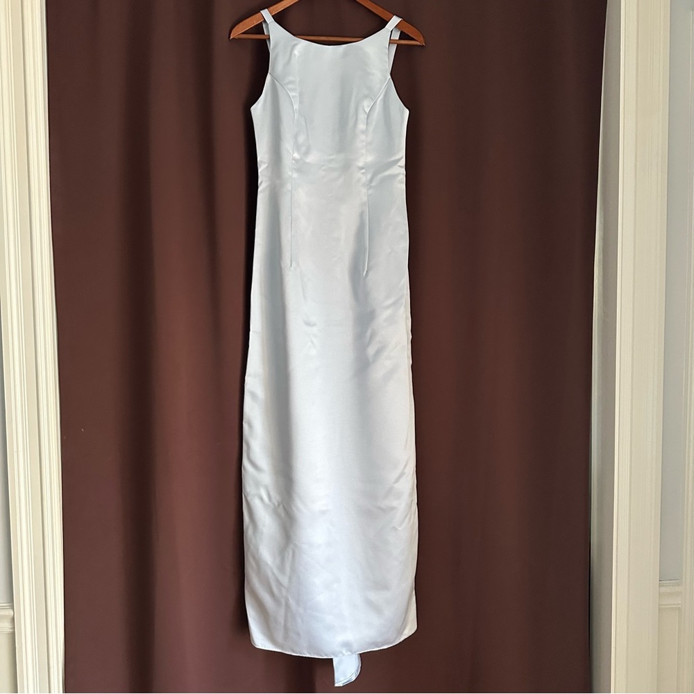 Light blue satin prom dress or special occasion gown with satin buttons